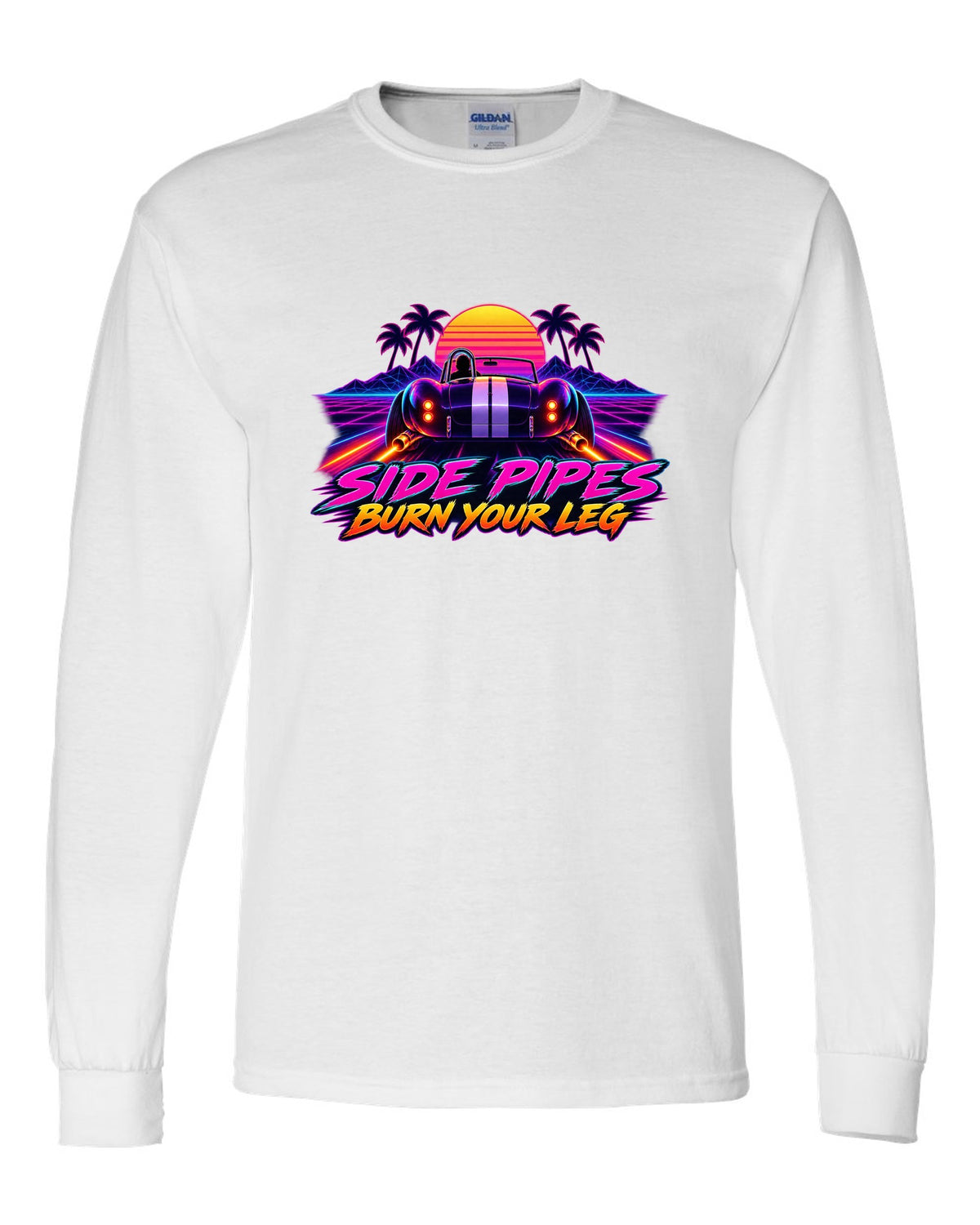 Shelby Cobra 427 Side Pipes Synthwave Outrun white long sleeve front view with the design