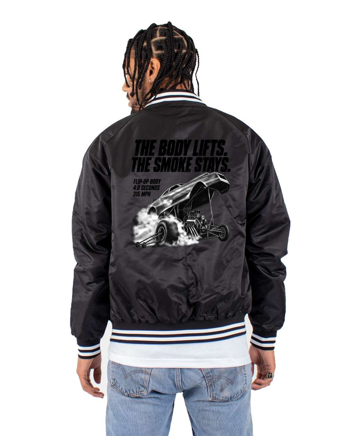 Funny Car Flip-Up Body Halftone Shirt, Drag Racing Statement Tee Bomber Jacket Black back