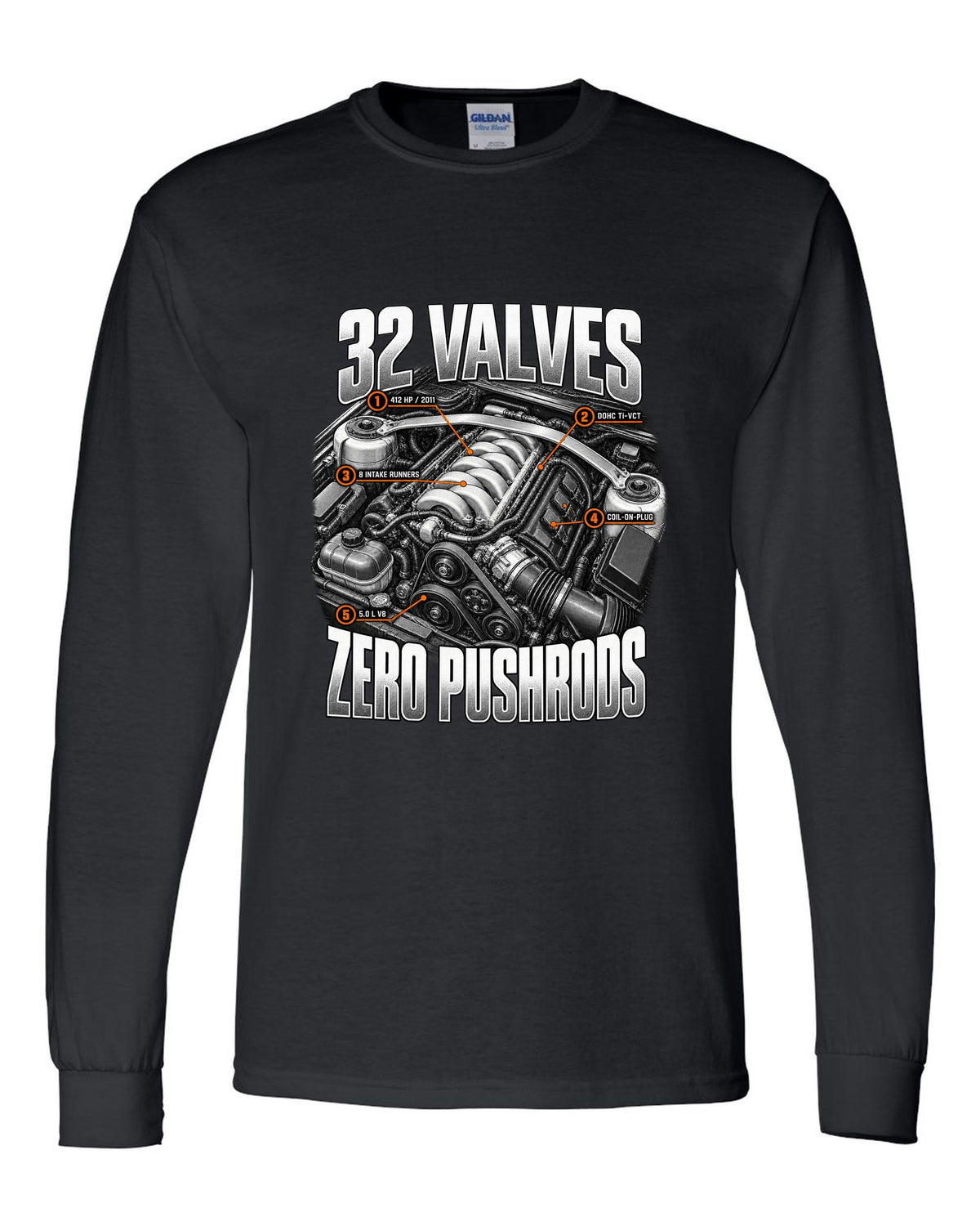Engine hero print of a Ford Mustang S197 GT 5.0 Coyote engine, 2011-14 black long sleeve front view with the design