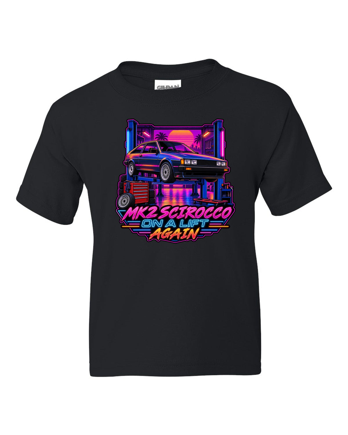 Synthwave outrun style VW Scirocco Mk2 with Mk2 Scirocco on a lift again text black kids tee front view with the design