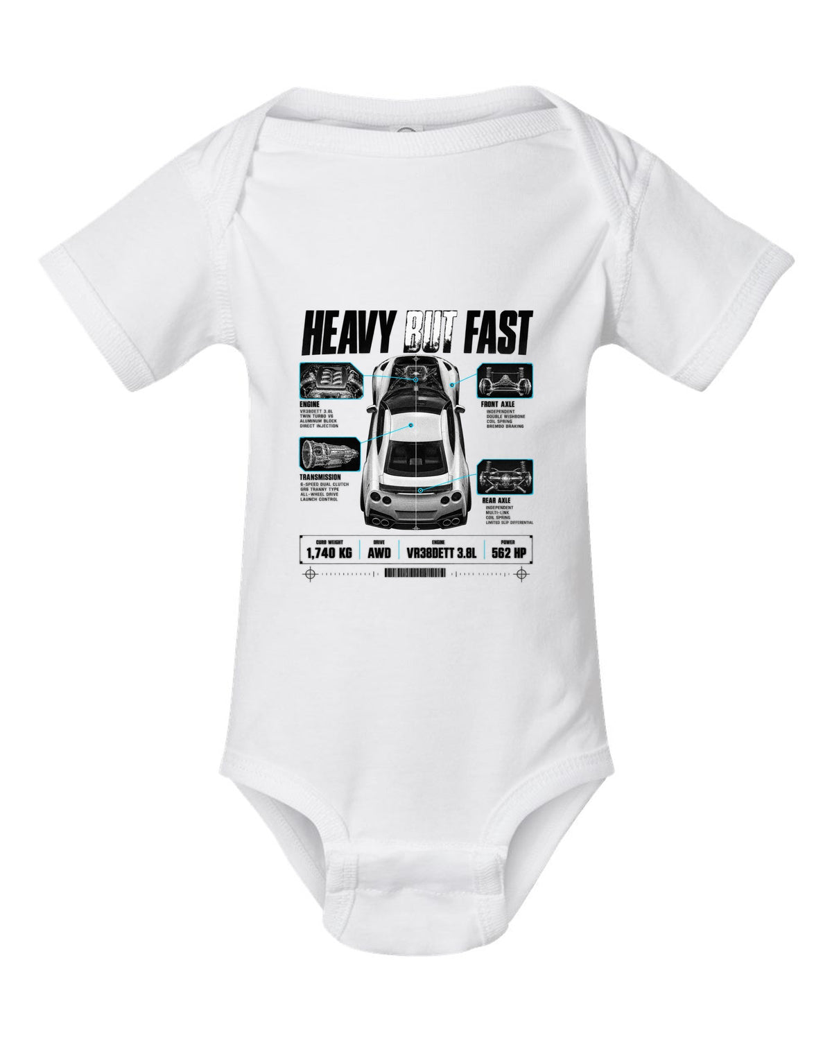 Top-down and profile spec poster of a Nissan GT-R R35 with 1,740 kg curb weight and VR38DETT lettering white baby onesie front view with the design
