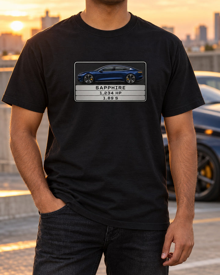 Lucid Air Sapphire Spec Plate Shirt, Monospace Data Print T-Shirt Black worn hero