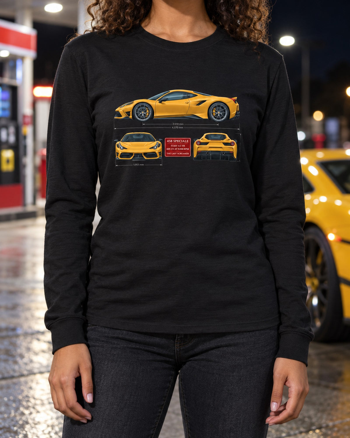 Ferrari 458 Speciale Three-View Shirt, F136FL V8 Spec Table Long Sleeve Black worn hero