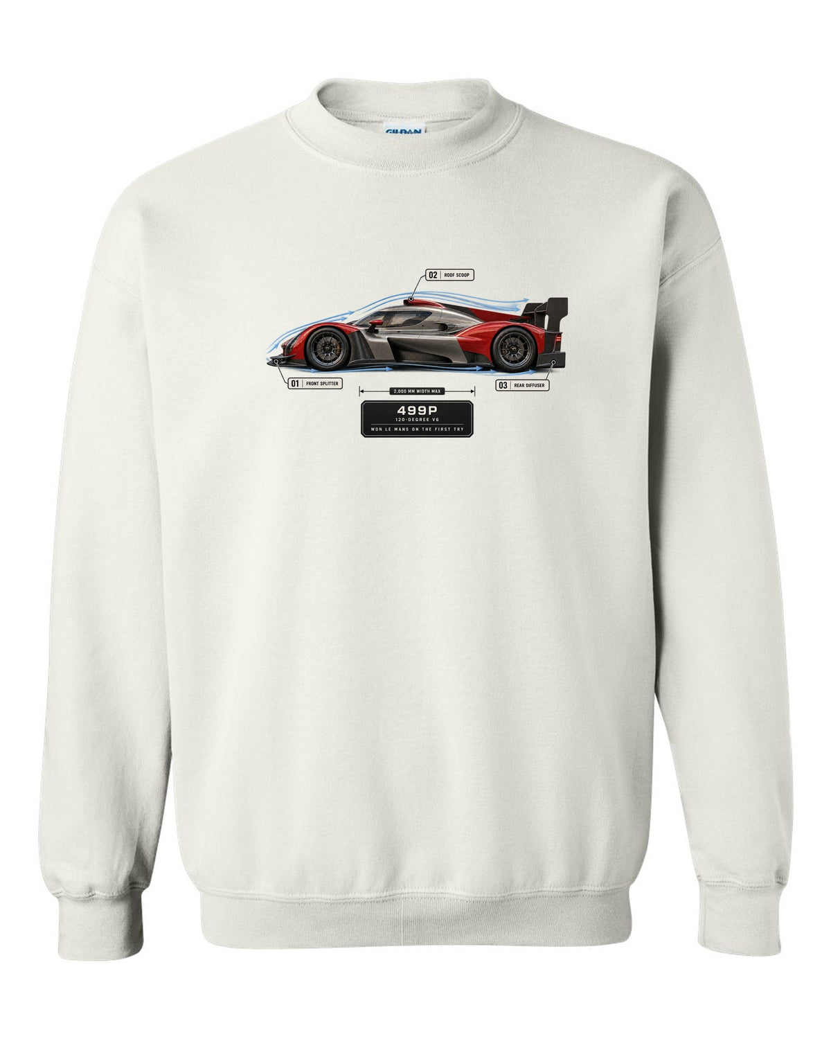 Ferrari 499P Le Mans Hypercar aero callout print with 120-degree V6 white crewneck front view with the design