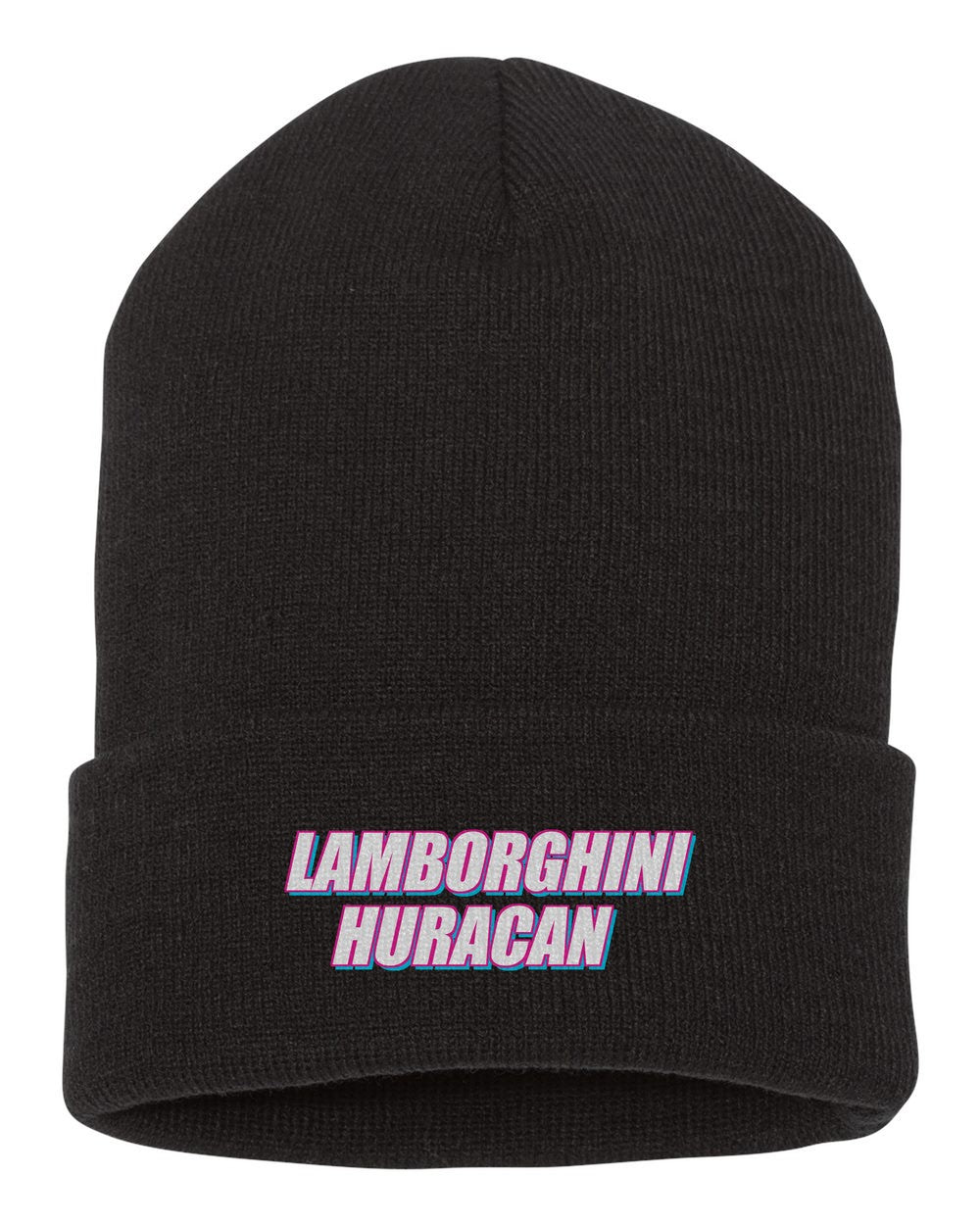 Lamborghini Huracan black beanie front view with car name