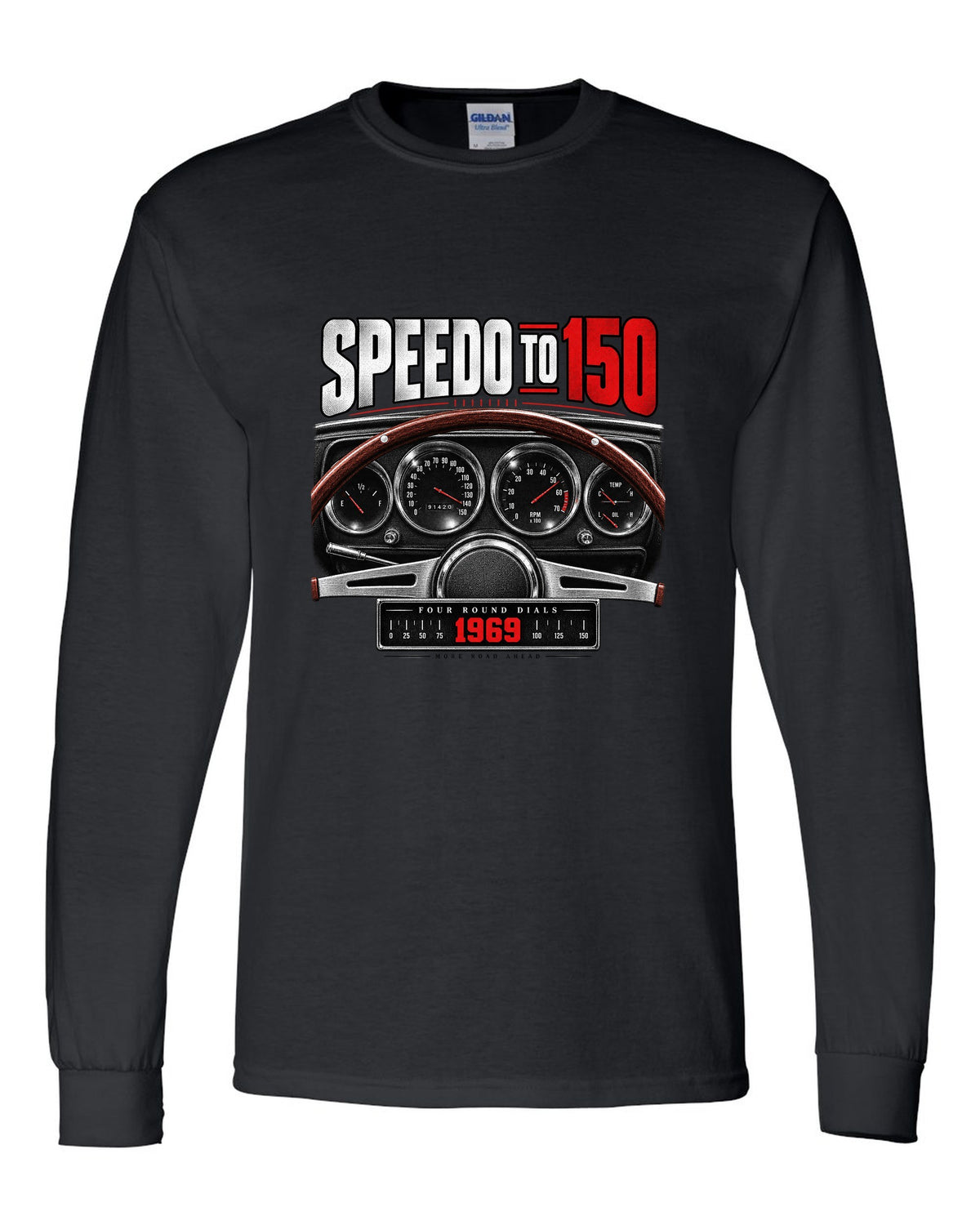 Cockpit gauge print of a 1969 Dodge Charger R/T with four round dials and a 150 speedometer black long sleeve front view with the design
