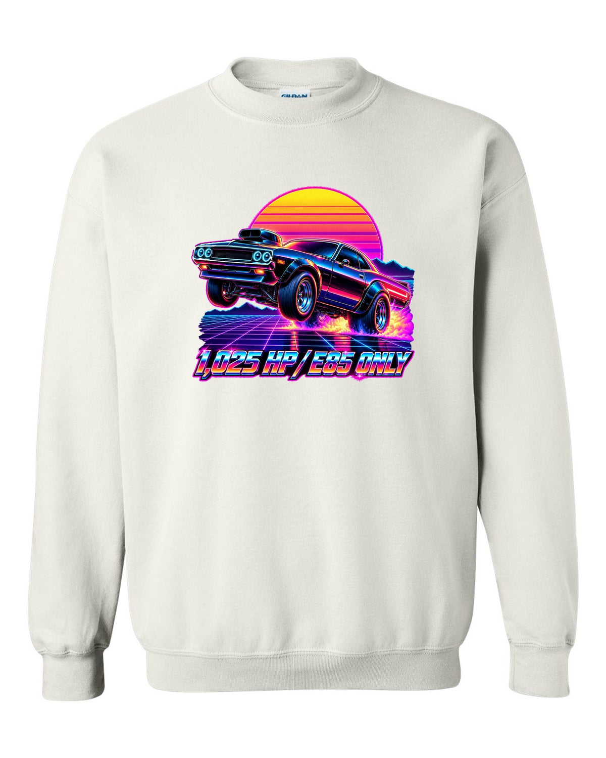 2023 Dodge Challenger Demon 170 synthwave neon outrun print with 1,025 HP E85 Only text white crewneck front view with the design
