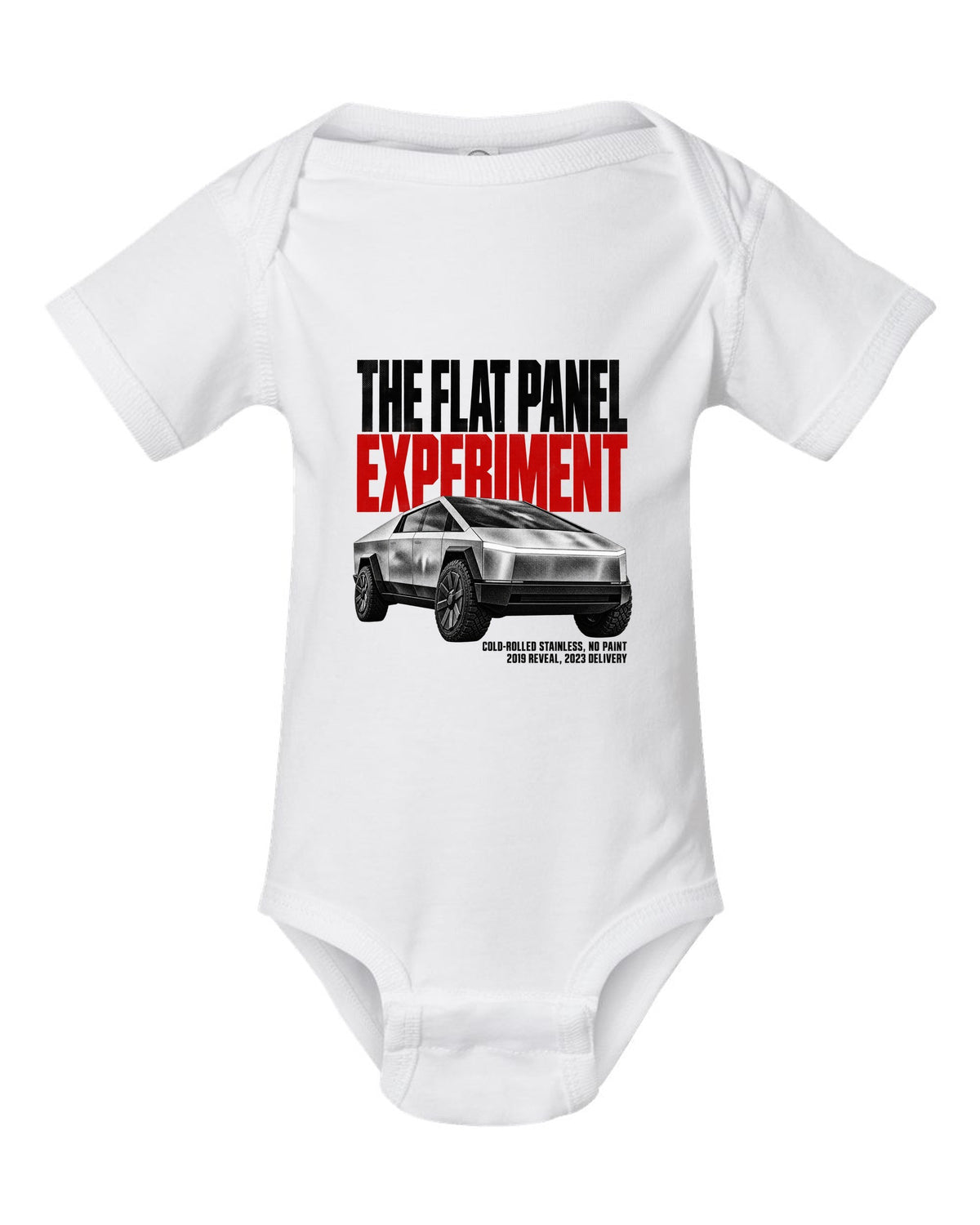 Halftone print of a 2023-24 Tesla Cybertruck with cold-rolled stainless text white baby onesie front view with the design