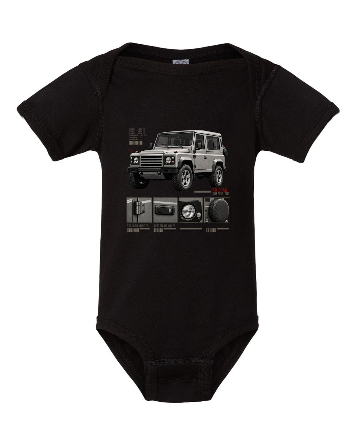 Dossier panel print of a Mercedes G-Class W463 listing exposed hinges and button handles black baby onesie front view with the design