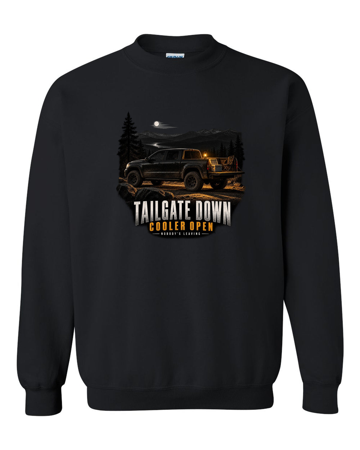 Jeep Gladiator JT with tailgate down in a night garage print black crewneck front view with the design