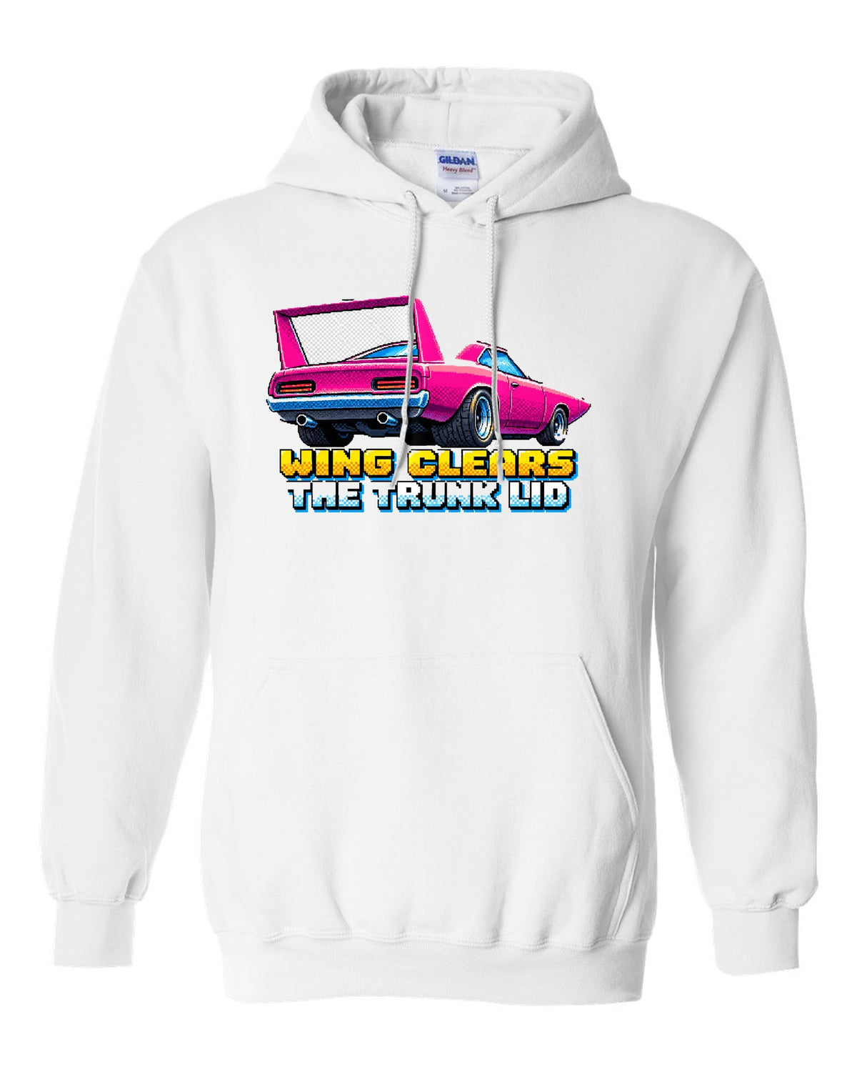 1970 Plymouth Superbird 16-bit pixel art print with Wing Clears The Trunk Lid text white pull over hoodie front view with the design