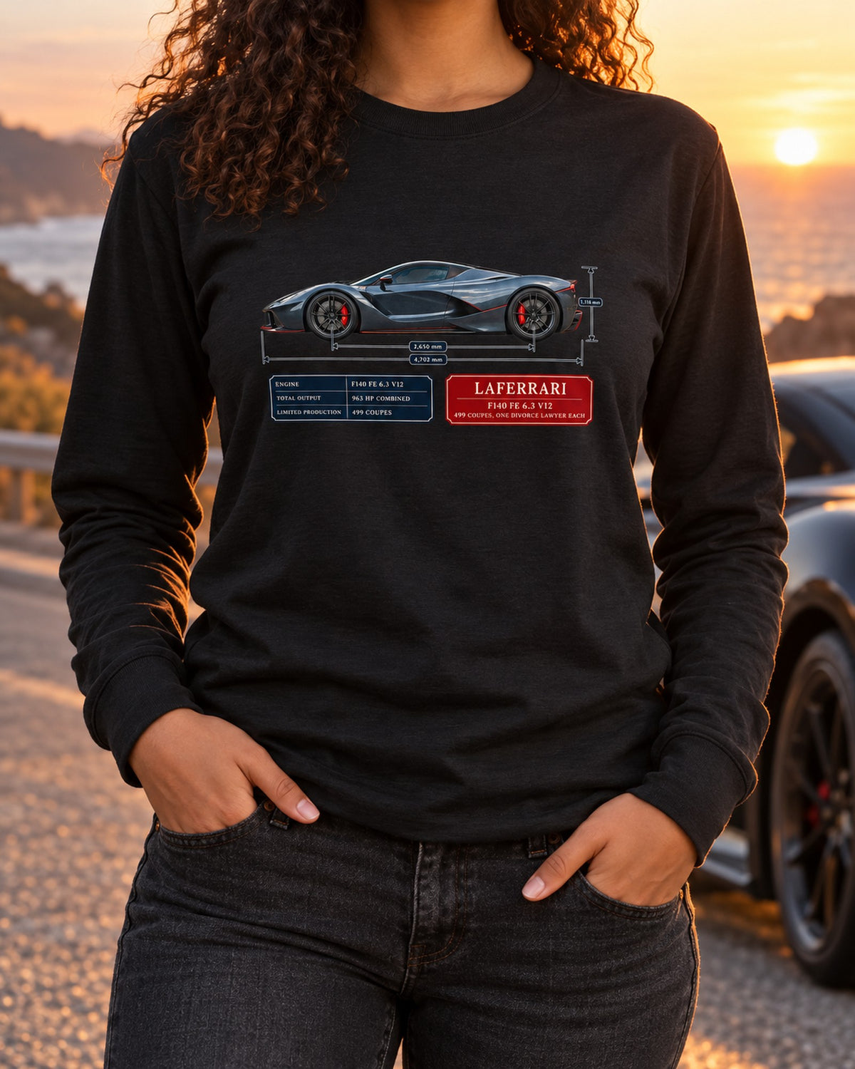 Ferrari LaFerrari F140 FE V12 Dimension Blueprint Shirt Long Sleeve Black worn hero