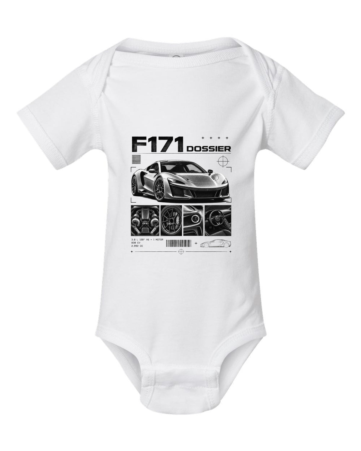 Dossier panel print of a Ferrari 296 GTB F171 with 3.0 L 120 degree V6 plus one motor, 830 CV white baby onesie front view with the design