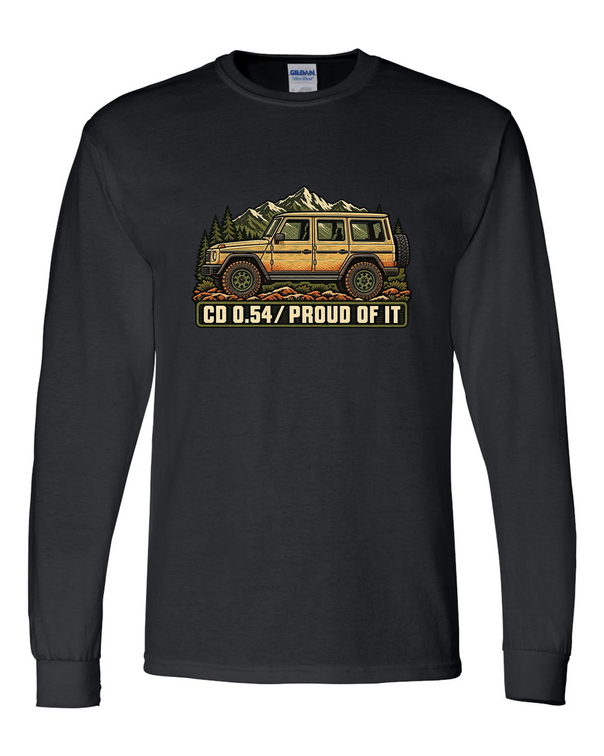 Mercedes G-Class W463 Dust and Hinges Linocut Profile black long sleeve front view with the design