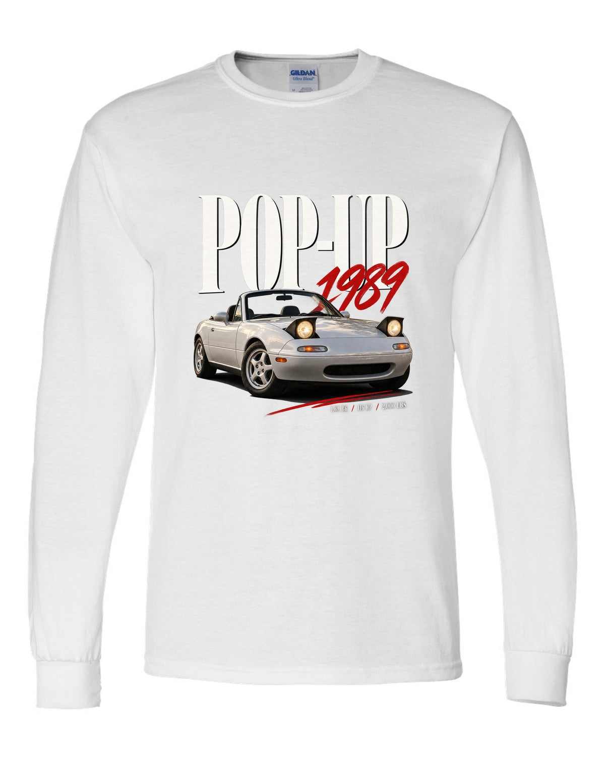 Editorial headline print for the Mazda MX-5 NA 1989-97 reading pop-up, 1989, 1.6L B6 white long sleeve front view with the design