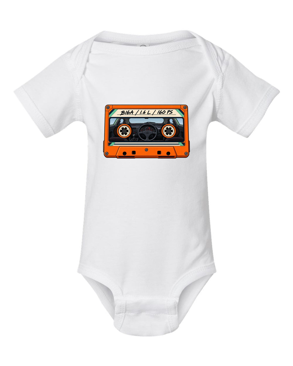 Lo-fi cassette label style print for a Honda Civic EG6 SiR with B16A 1.6 L 160 PS text white baby onesie front view with the design