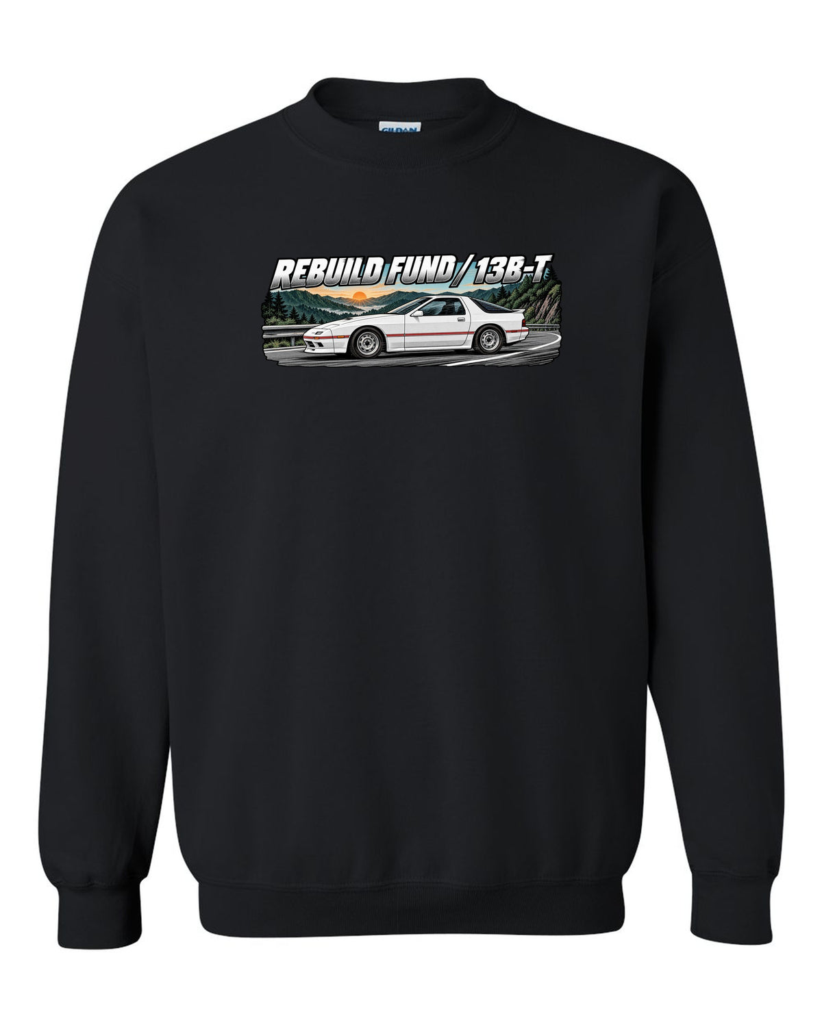 Retro manga ink and screentone illustration of a Mazda RX-7 FC3S black crewneck front view with the design