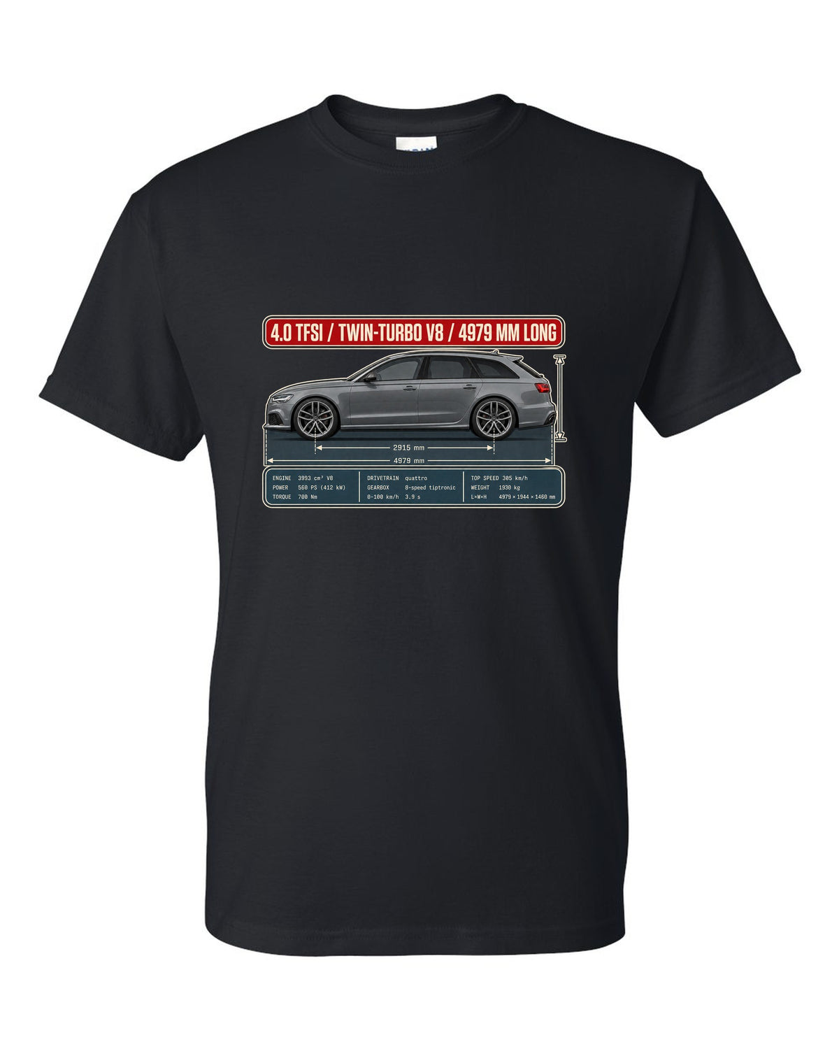Audi RS6 Avant C7 Daytona grey dimension blueprint print black t-shirt front view with the design
