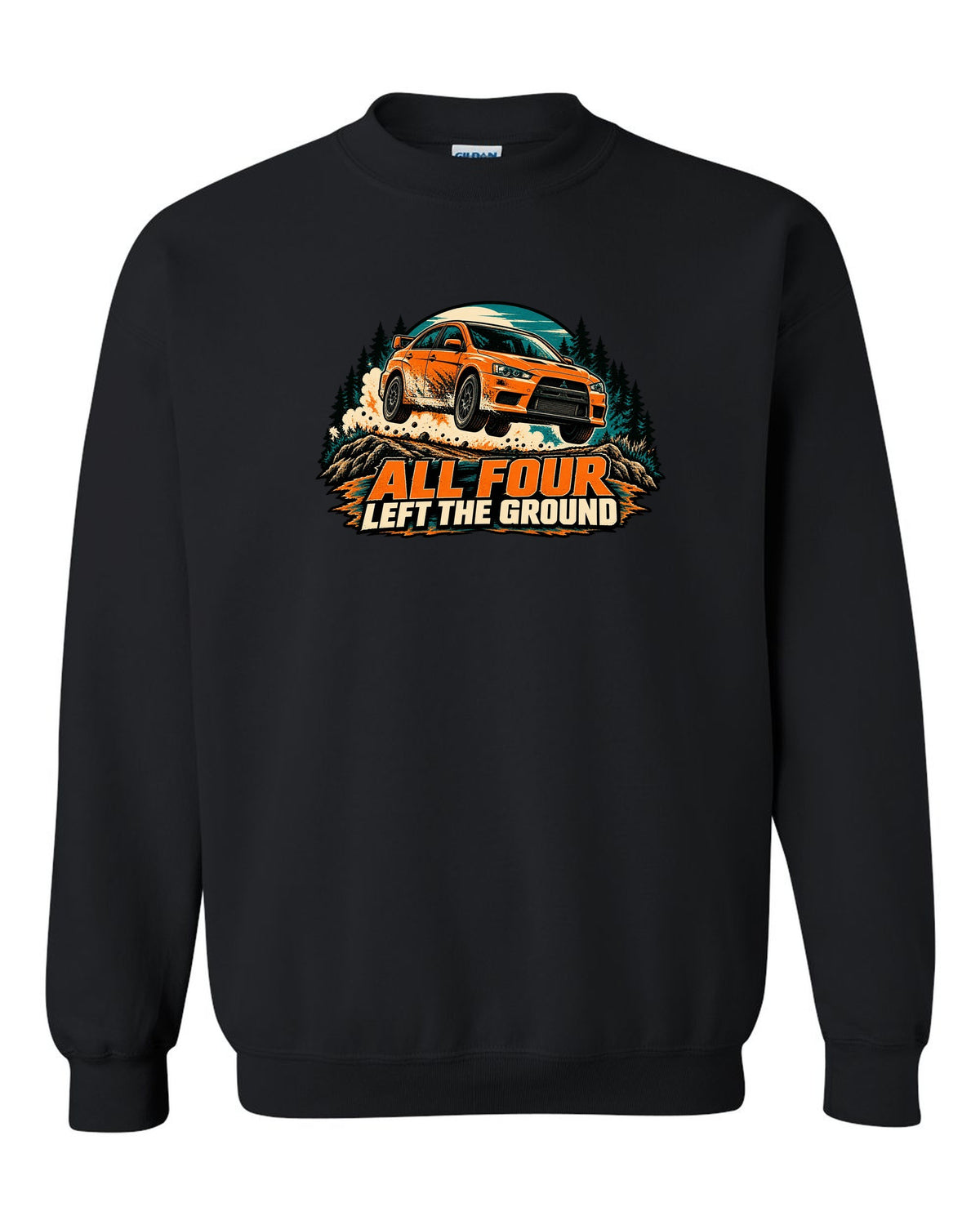 Flat vector minimalist print of the Mitsubishi Evo X CZ4A with aluminium block 291 HP text black crewneck front view with the design