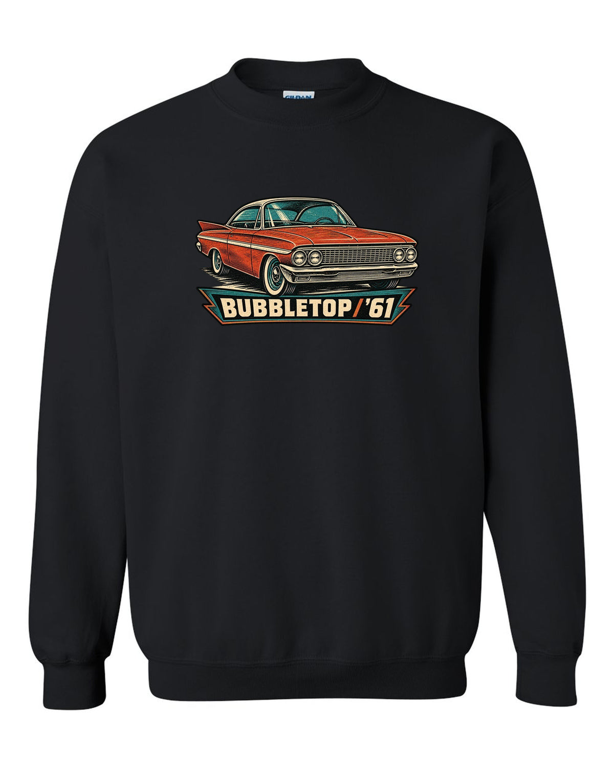 1961 Chevrolet Impala Sport Coupe bubbletop in linocut style with text Bubbletop '61 black crewneck front view with the design