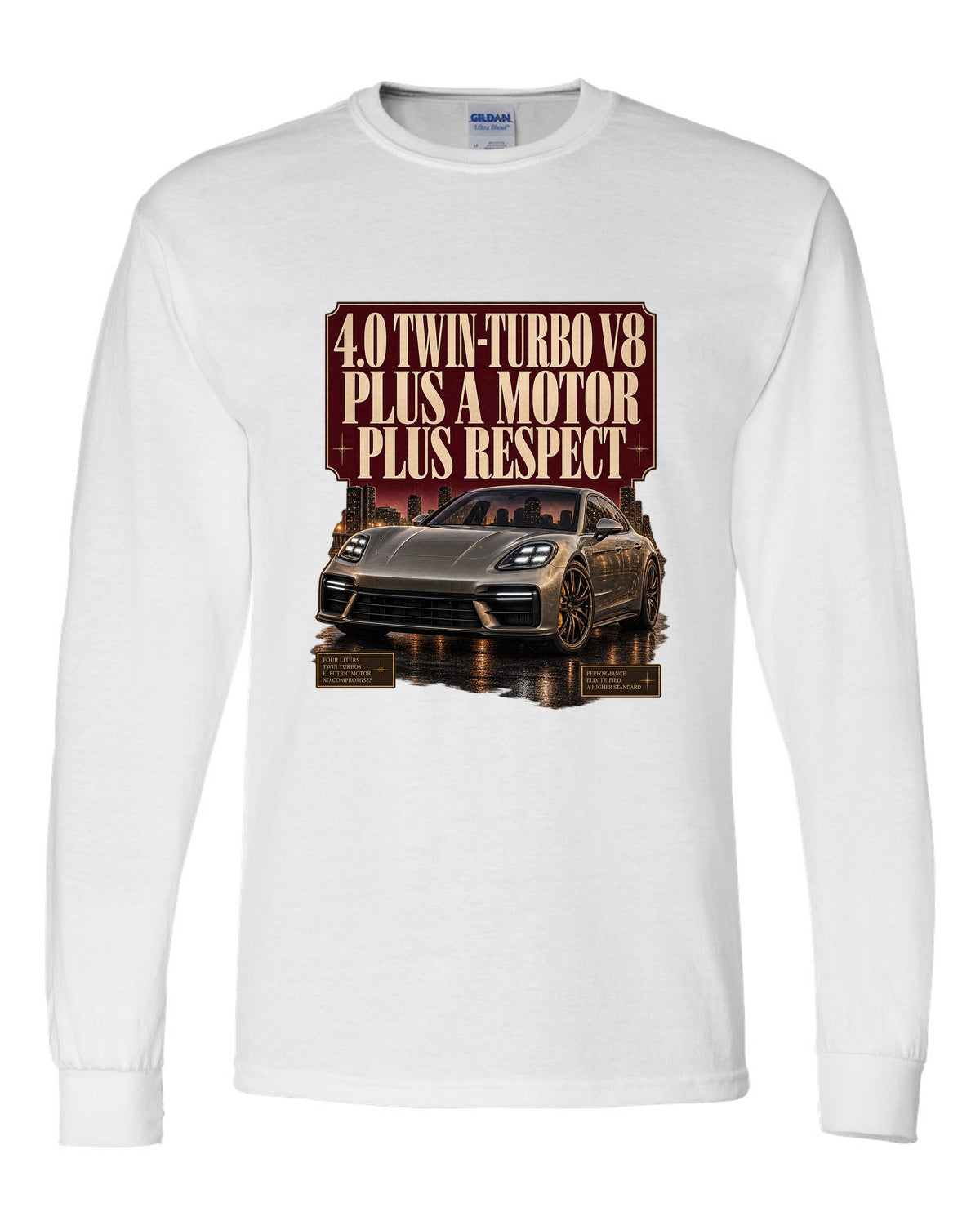 Editorial headline print of a low front three-quarter Porsche Panamera Turbo S E-Hybrid G3 at dusk white long sleeve front view with the design
