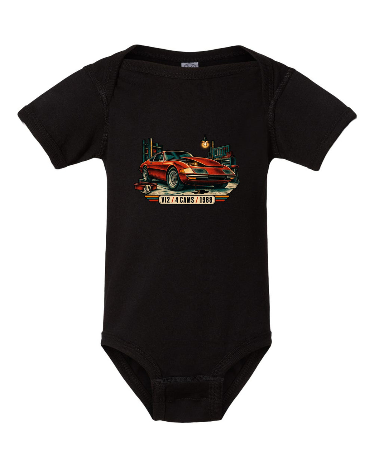 Risograph spot colour print of a Ferrari 365 GTB/4 Daytona in a garage with V12 4 Cams 1968 lettering black baby onesie front view with the design