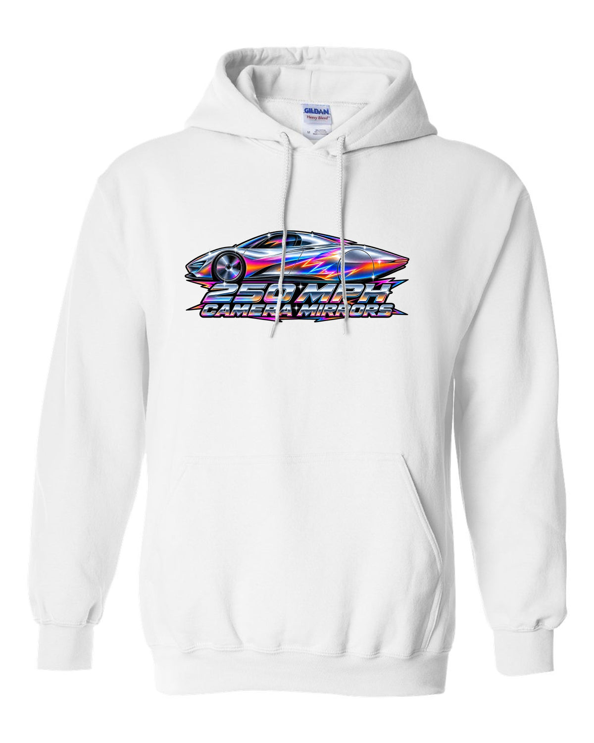 McLaren Speedtail in 80s airbrush chrome style with 250 MPH and camera mirrors lettering white pull over hoodie front view with the design