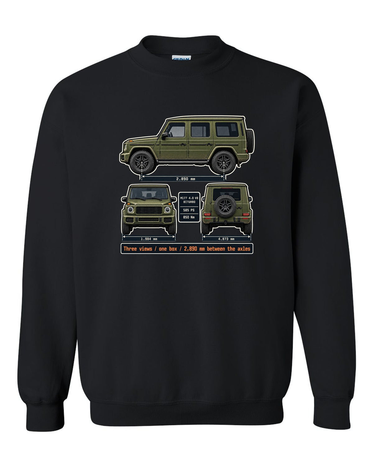 Three-view dossier print of a Mercedes-AMG G63 W463A black crewneck front view with the design