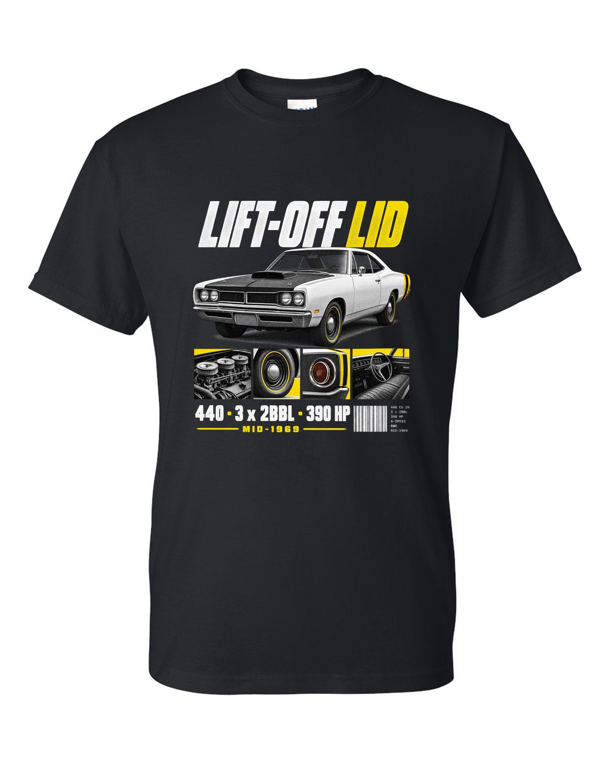 1969 Dodge Coronet Super Bee A12 dossier panel print with lift-off lid and 440 lettering black t-shirt front view with the design