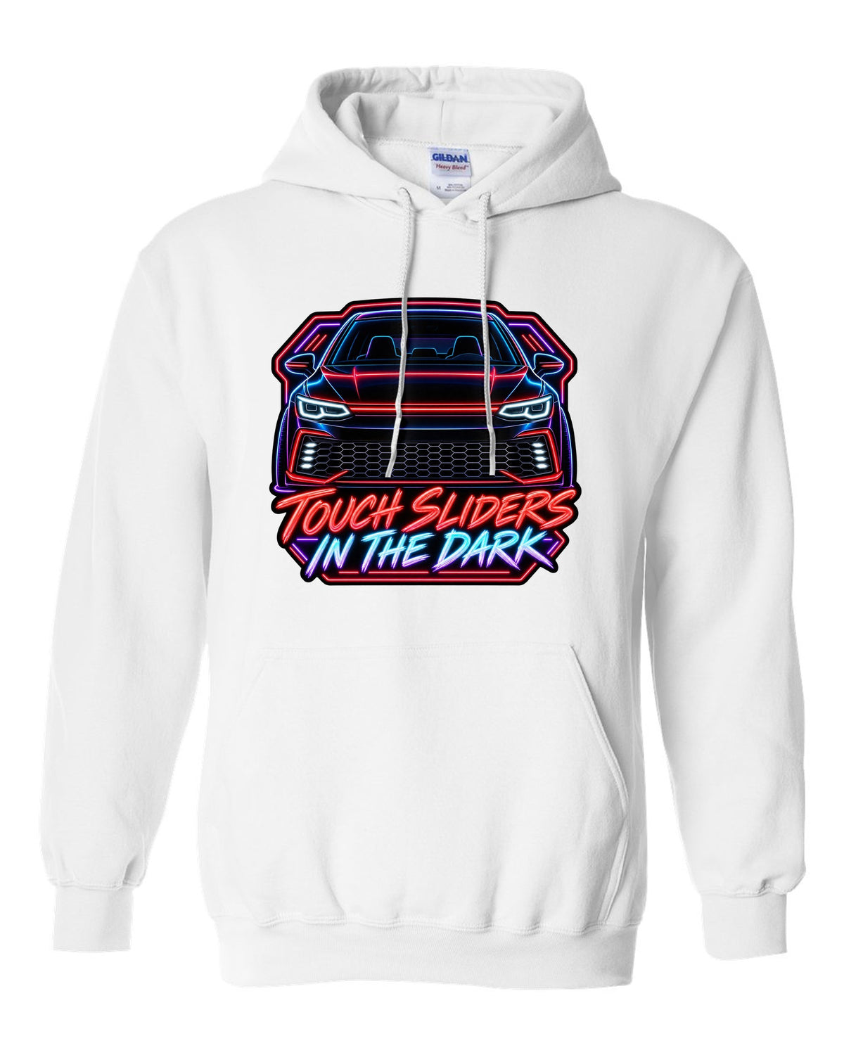 Neon sign line art of a VW Golf Mk8 GTI with touch sliders in the dark text white pull over hoodie front view with the design