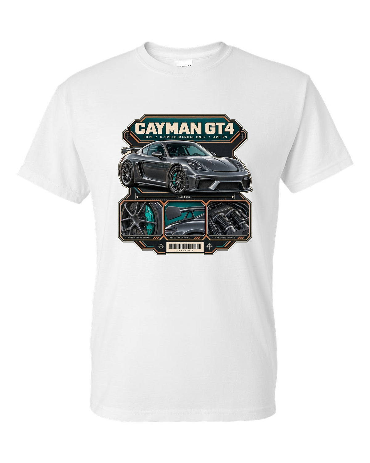 Dossier panel print of a Porsche 718 Cayman GT4 982 white t-shirt front view with the design