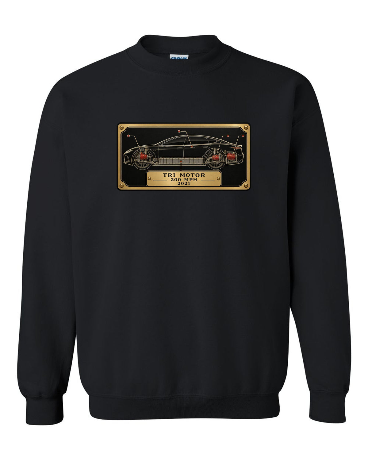 Spec-sheet data plate layout for a 2021 Tesla Model S Plaid with the words Tri Motor 200 MPH 2021 black crewneck front view with the design