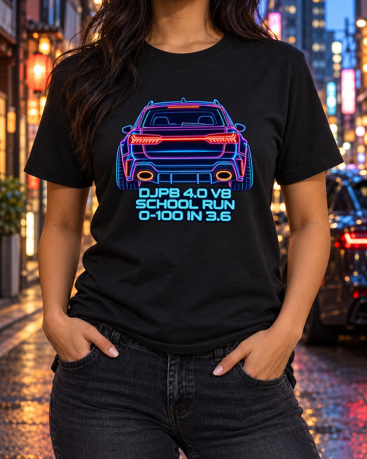 Audi RS6 Avant C8 Neon Line Art Shirt, School Run V8 Wagon T-Shirt Black worn hero
