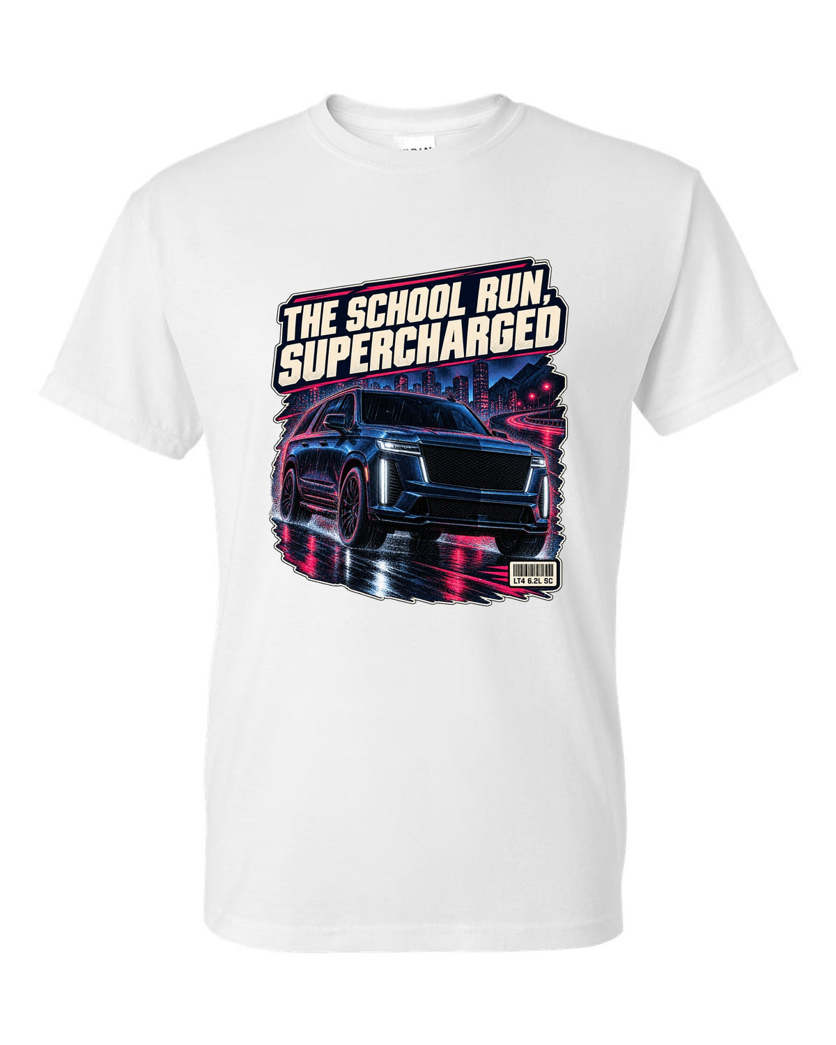 Night street print of a 2023-25 Cadillac Escalade-V white t-shirt front view with the design