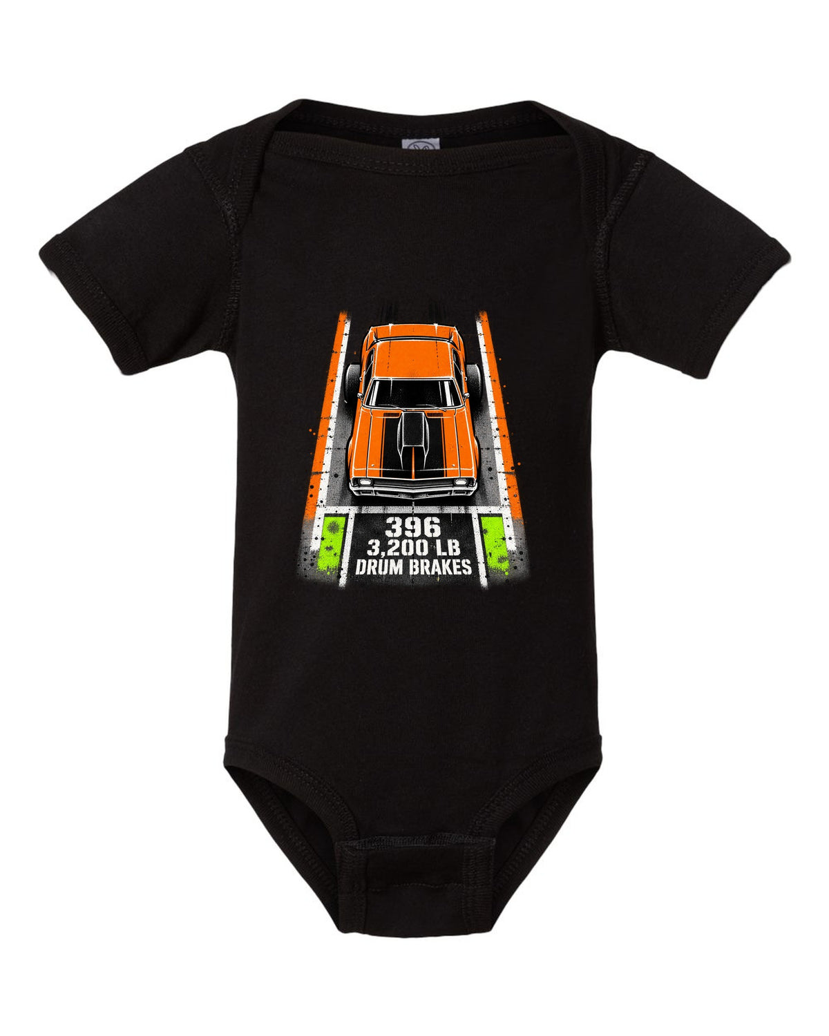 Stencil spray street art print of a 1970 Chevrolet Nova SS 396 with the text 396, 3,200 LB, Drum Brakes black baby onesie front view with the design