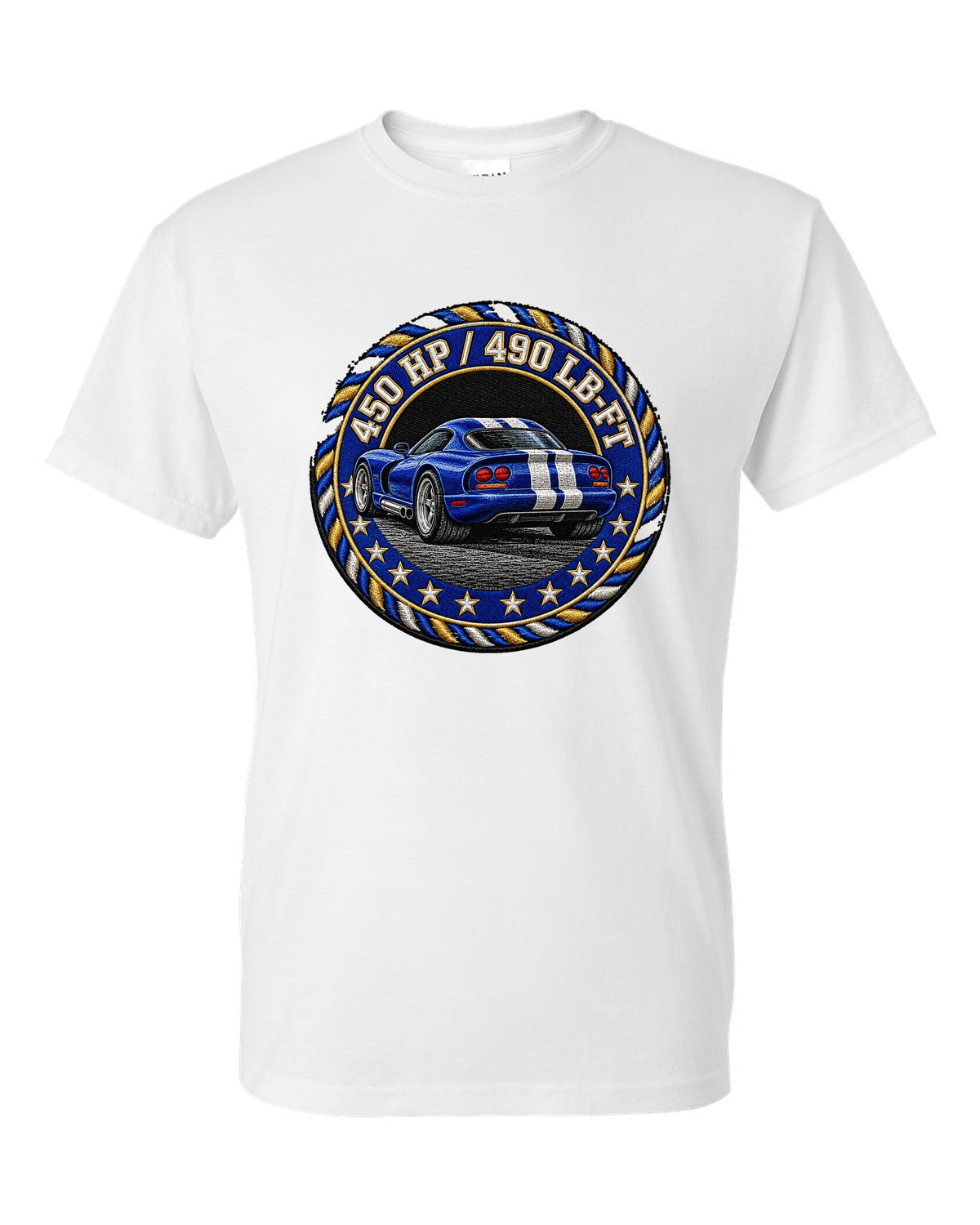 Blue embroidered varsity crest design for a 1996 Dodge Viper GTS SR II white t-shirt front view with the design