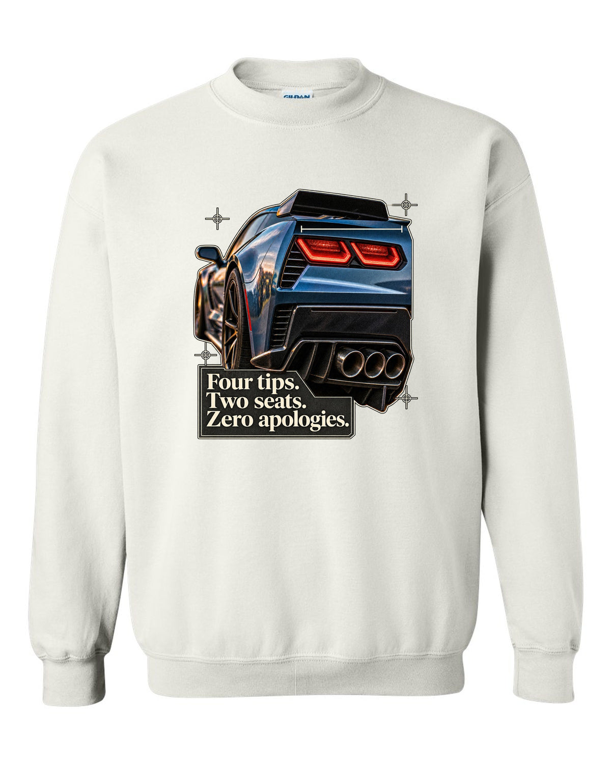 print of a Chevrolet Corvette C7 Z06 rear tail macro with four exhaust tips text white crewneck front view with the design