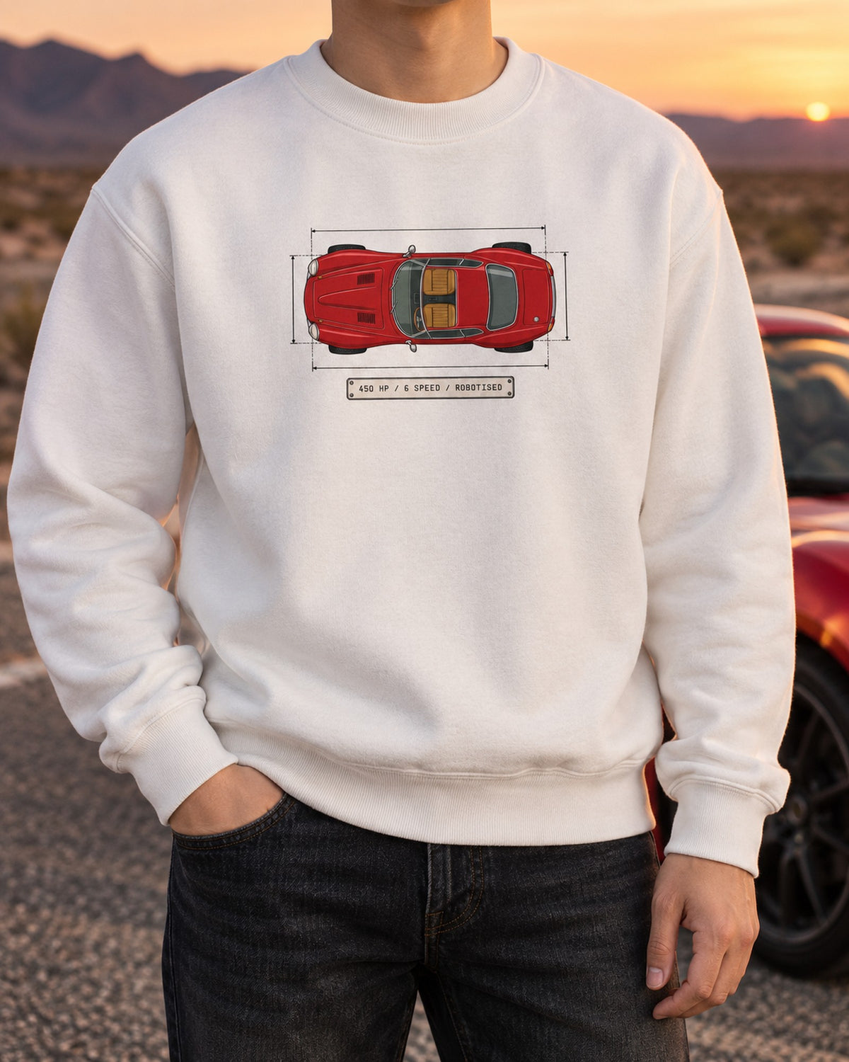 Alfa Romeo 8C Competizione Spec Sheet Tee, Robotised Gearbox Crewneck White worn hero