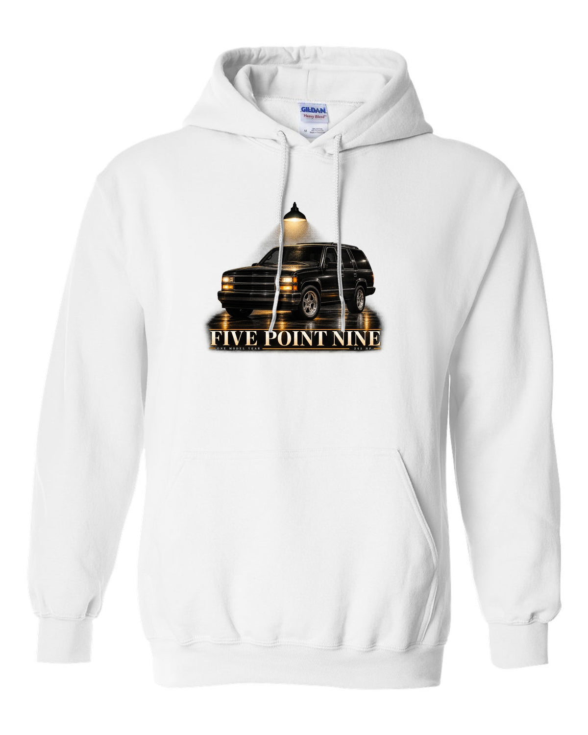 Garage night print for the 1998 Jeep Grand Cherokee ZJ 5.9 Limited white pull over hoodie front view with the design