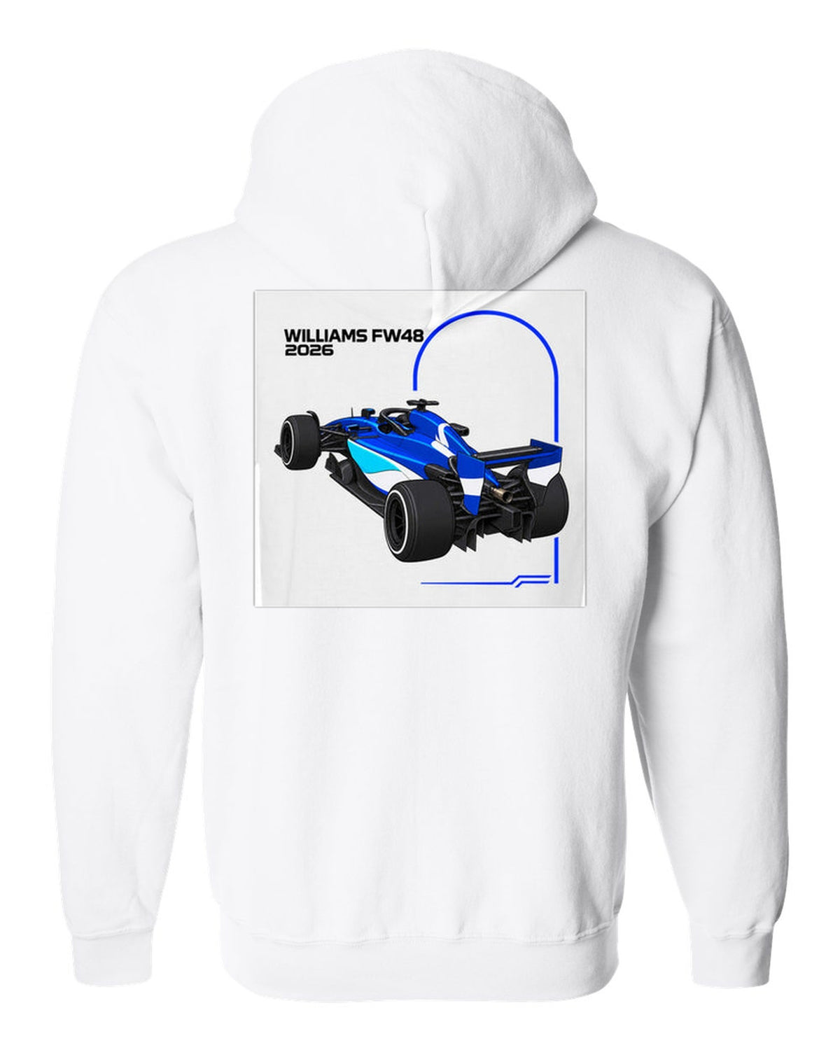 Williams FW48 2026 F1 car technical poster artwork white zip hoodie back view with the design
