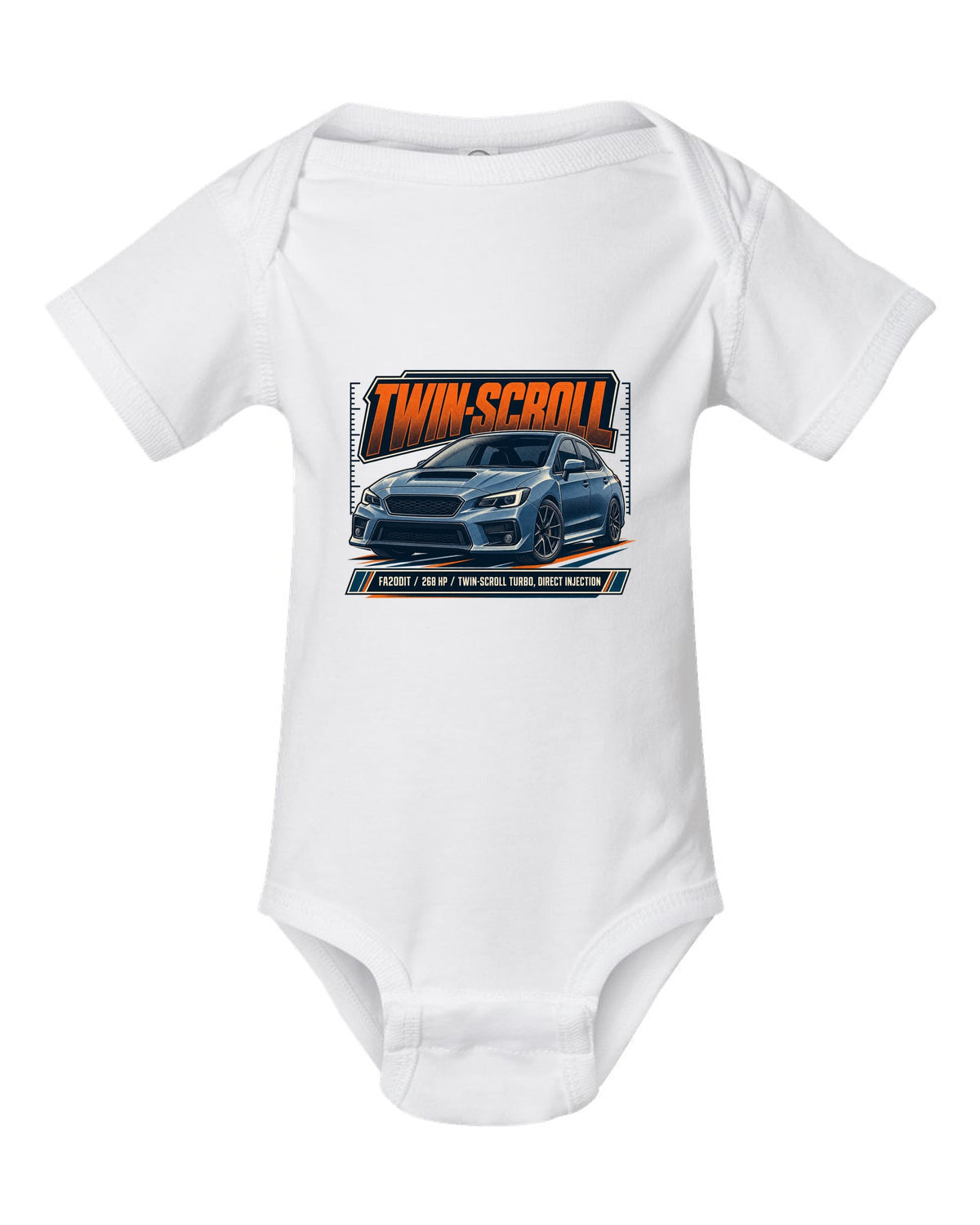 Subaru WRX VA sedan front three-quarter halftone design white baby onesie front view with the design