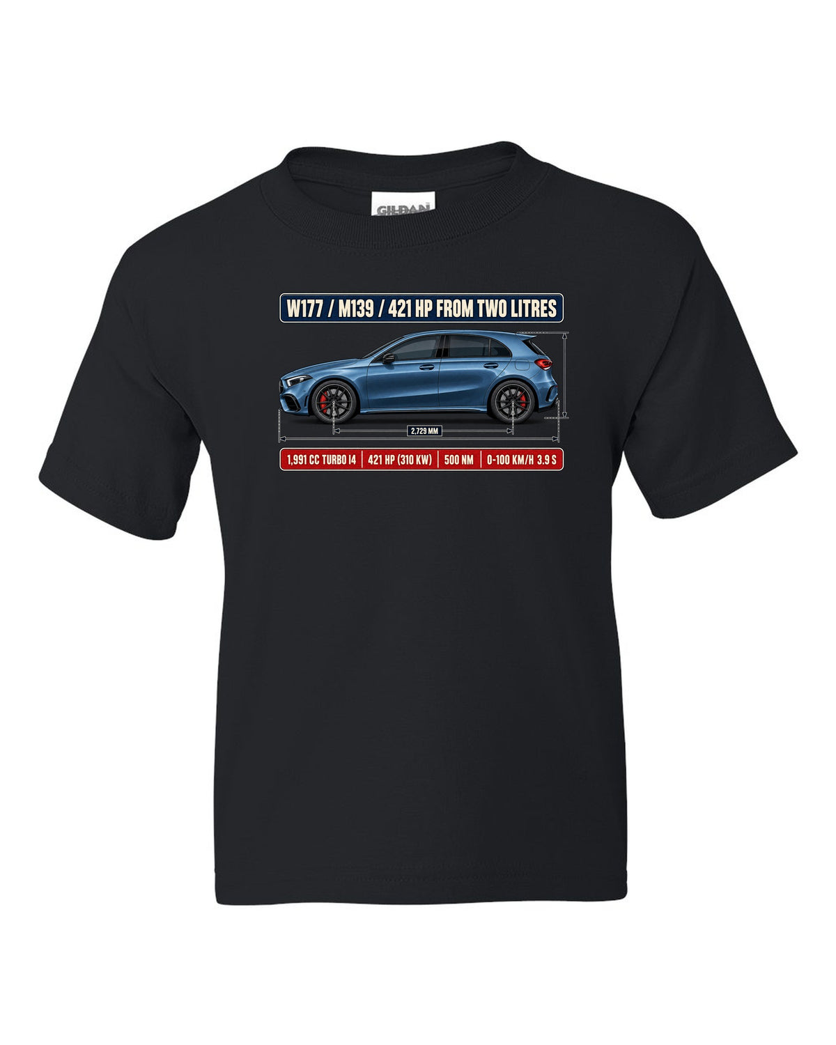 Mercedes-AMG A45 S W177 chback dimension blueprint print black kids tee front view with the design