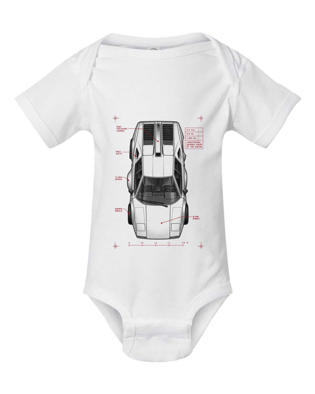Spec poster print of a Lamborghini Countach LP400 with 4.0 V12 375 PS and 1,065 kg text white baby onesie front view with the design