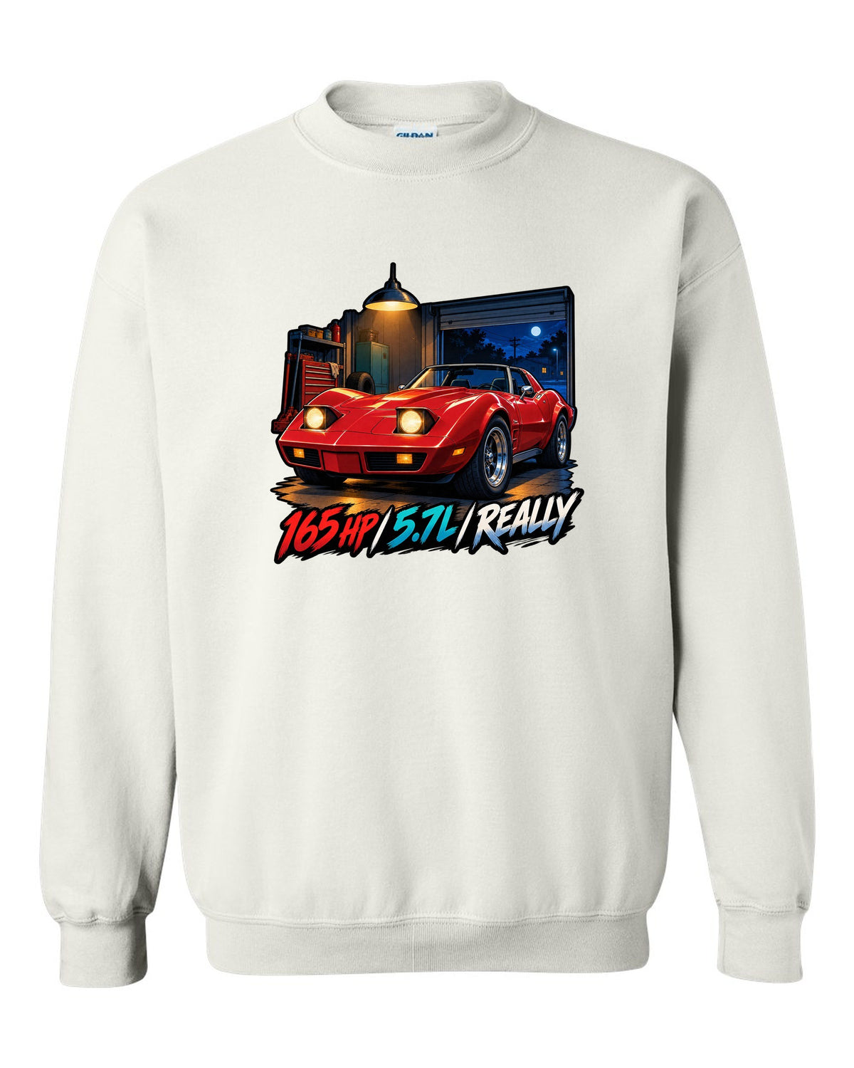 Cel-shaded anime night touge print of a 1975 Chevrolet Corvette C3 Stingray with 165 HP 5.7L lettering white crewneck front view with the design