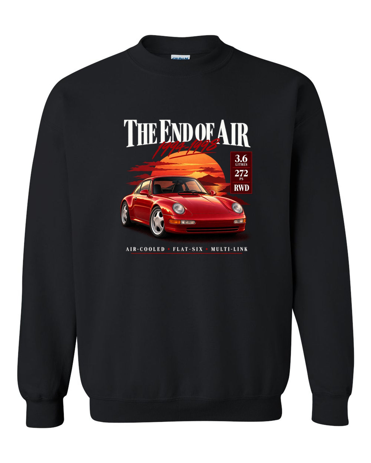 Archive panel print of a Porsche 911 Carrera (993) coupe with the heading The End Of Air and spec list black crewneck front view with the design