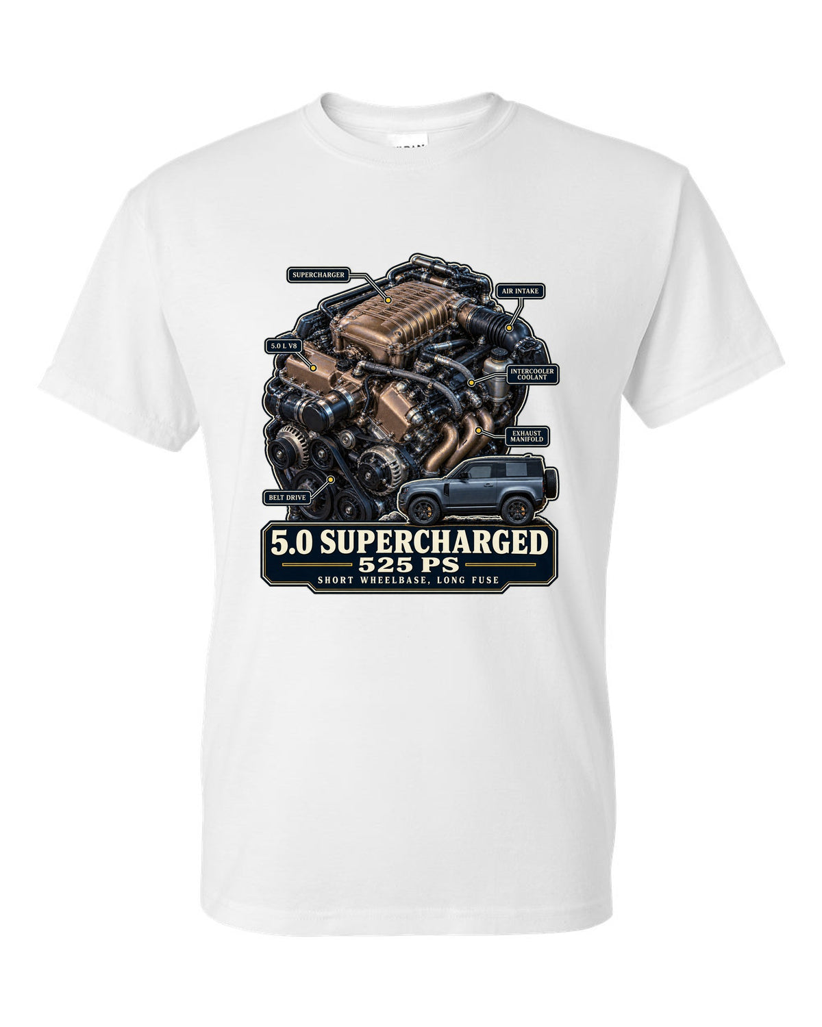 Engine hero print of the Land Rover Defender 90 V8 5.0 supercharged L663 white t-shirt front view with the design