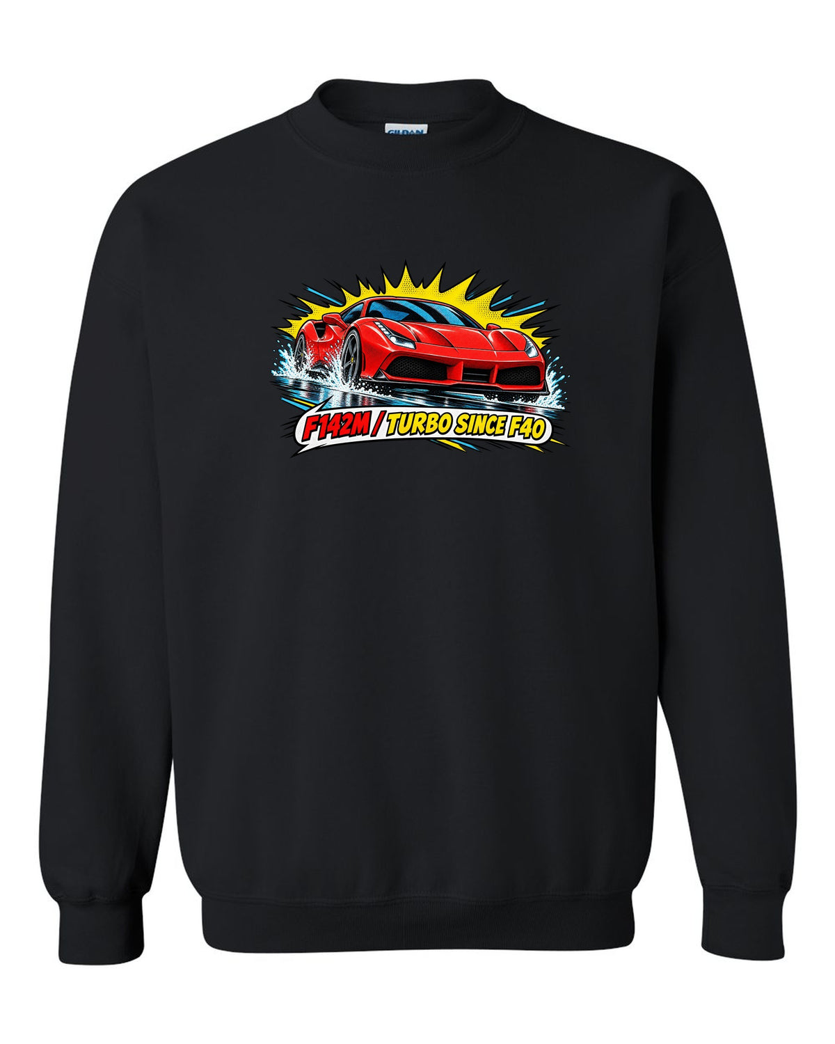 Comic halftone pop-art print of the Ferrari 488 GTB F142M with the text F142M, turbo since F40 black crewneck front view with the design