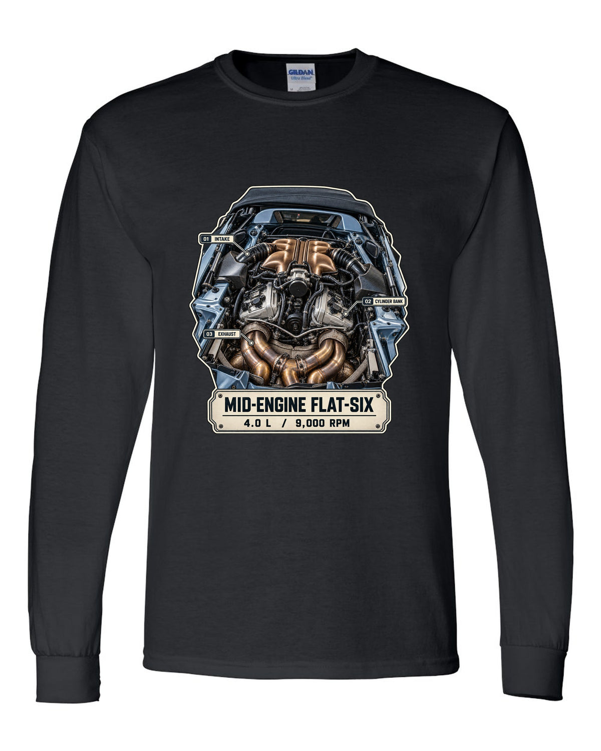 Engine hero print of a Porsche 718 Spyder RS 982 showing the mid-engine 4.0 L flat-six black long sleeve front view with the design