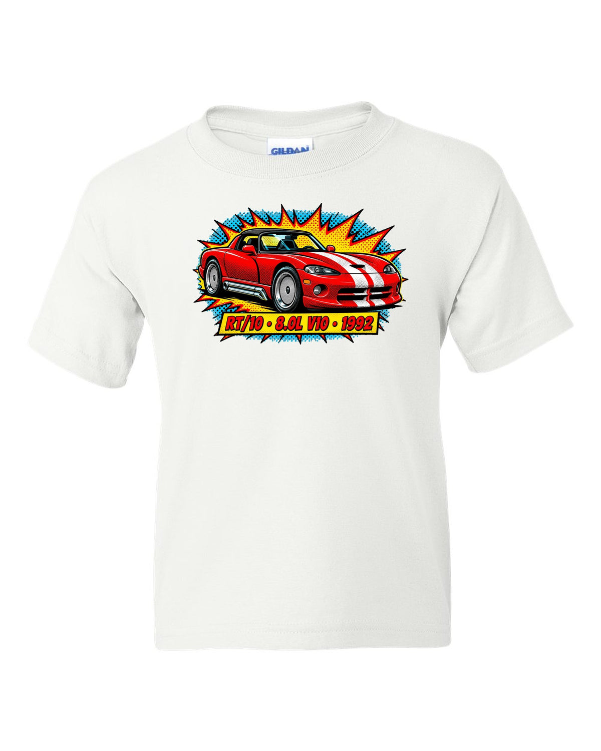 Comic halftone pop-art print of a 1992 Dodge Viper RT/10 with 8.0L V10 text white kids tee front view with the design