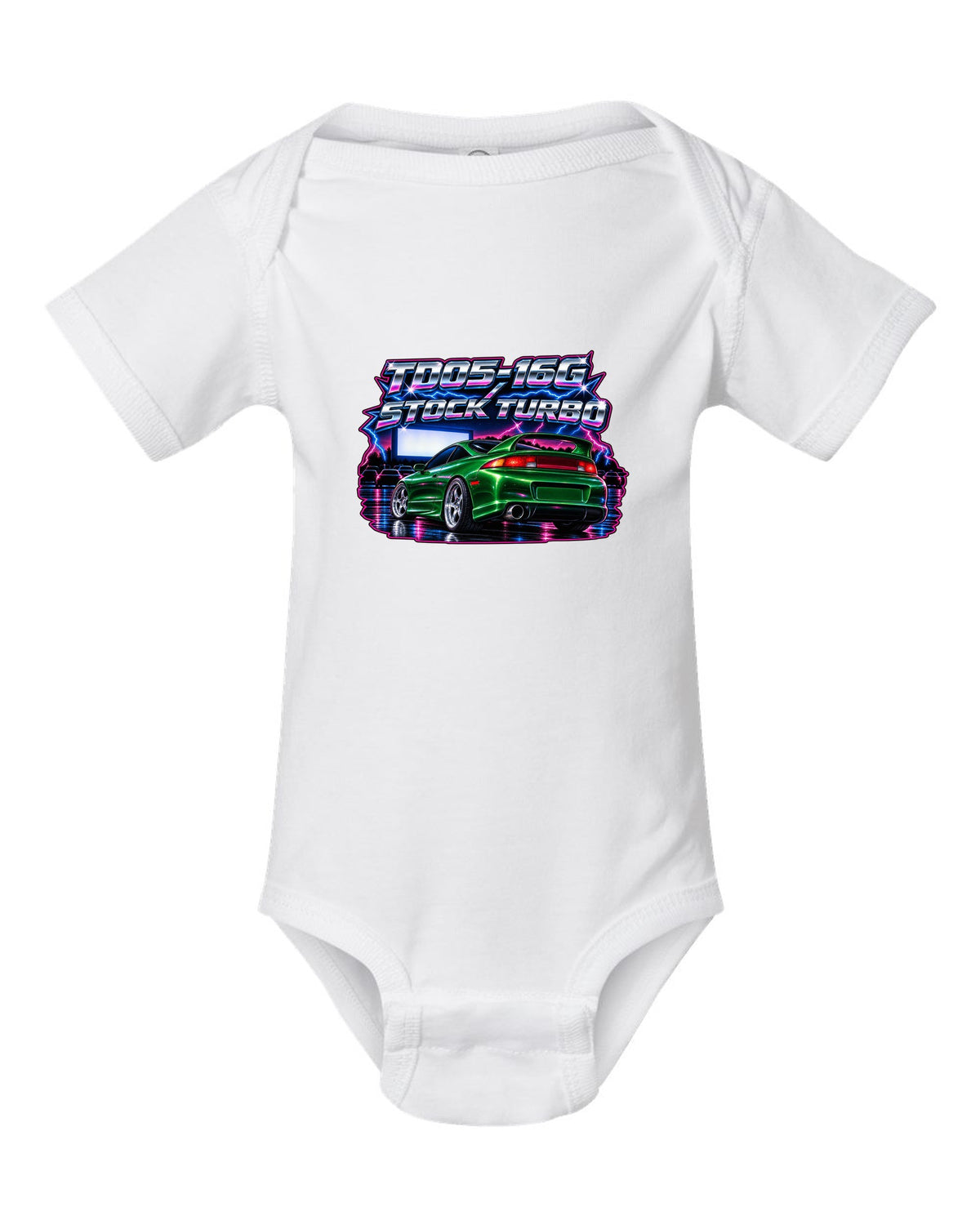 80s airbrush chrome print of a Mitsubishi Eclipse GSX 2G with TD05-16G stock turbo text white baby onesie front view with the design